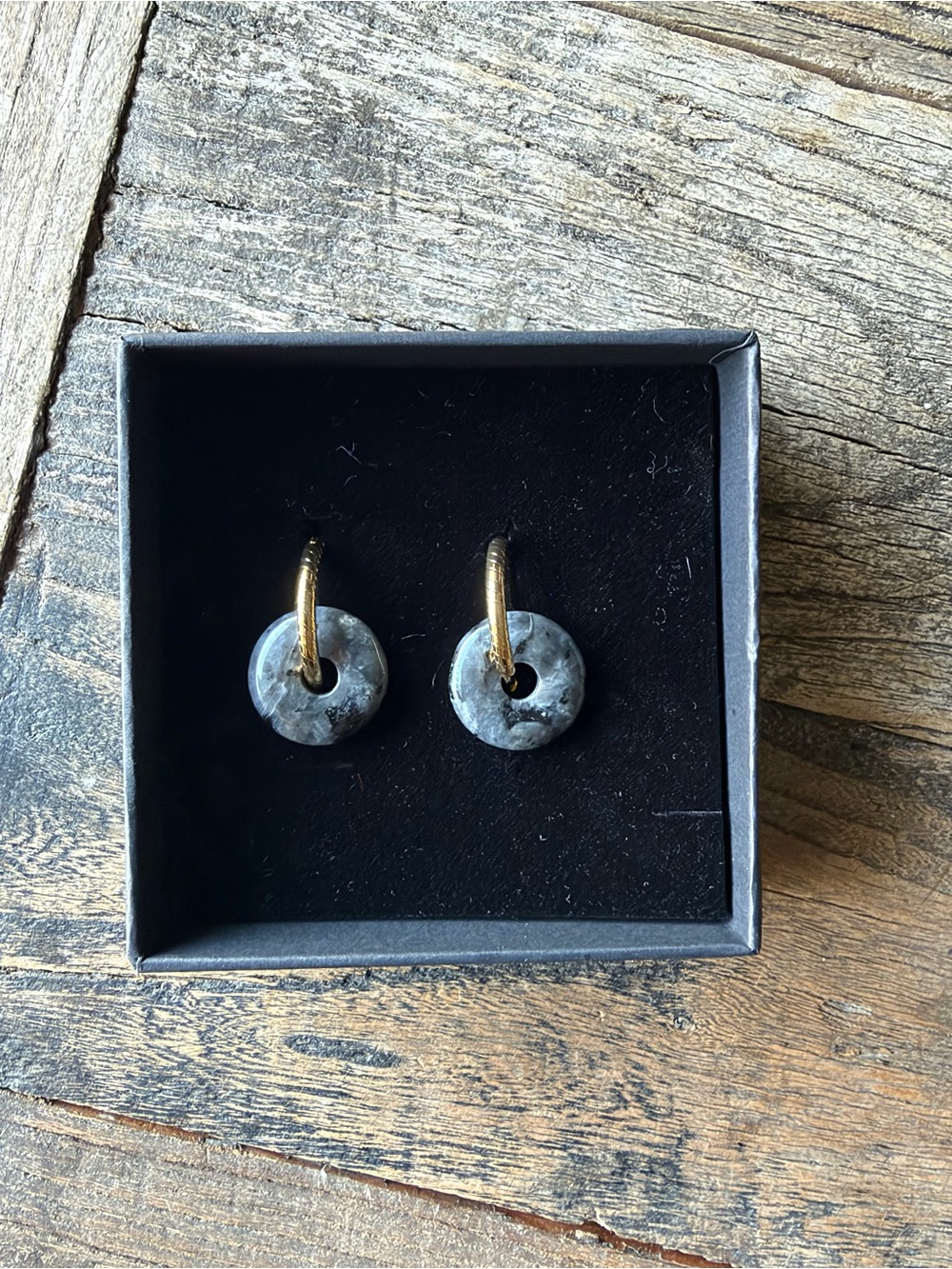 Gold Hoop Earrings with Gray Stone Donut Charms